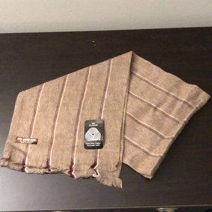 Thin 100% Lambswool Scarf Camel w/ Navy Burgundy White Stripe 50” x 12” NWT